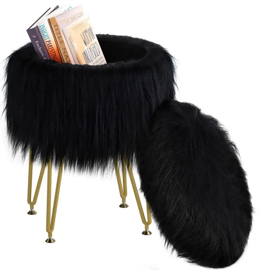 Stool Chair with Storage, Faux Fur Makeup Room Seat Stool, Soft Padded Seat, Round Footrest Footstools with 4 Metal Legs amp Adj