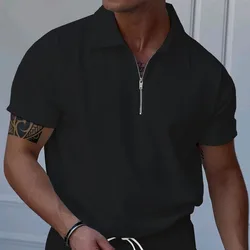 24 Summer Men's Polo Shirt Solid Color Short Sleeve Zipper Flip Collar T-shirt Casual European and American Men's Wear