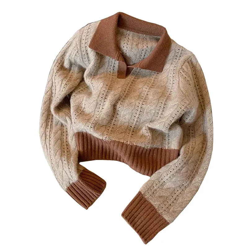 여성용 빈티지 할로우 아웃 풀오버 스웨터, 턴다운 칼라 니트웨어 점퍼, 긴팔 니트 상의, 패널 컬러