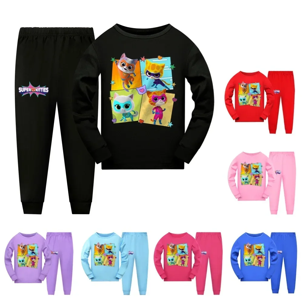 

Superkitties Cats Clothes Baby Girls Long Sleeve T-shirt Pants 2pcs Set Toddler Boys Nightwear Kids Pyjamas Children Pajama Sets