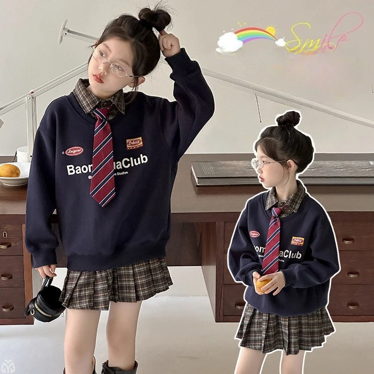 

Осенние юбки для младшего ребенка, костюм, толстовка с воротником-поло + галстук + клетчатая плиссированная юбка для девочек-подростков, комплект одежды в студенческом стиле, детская одежда