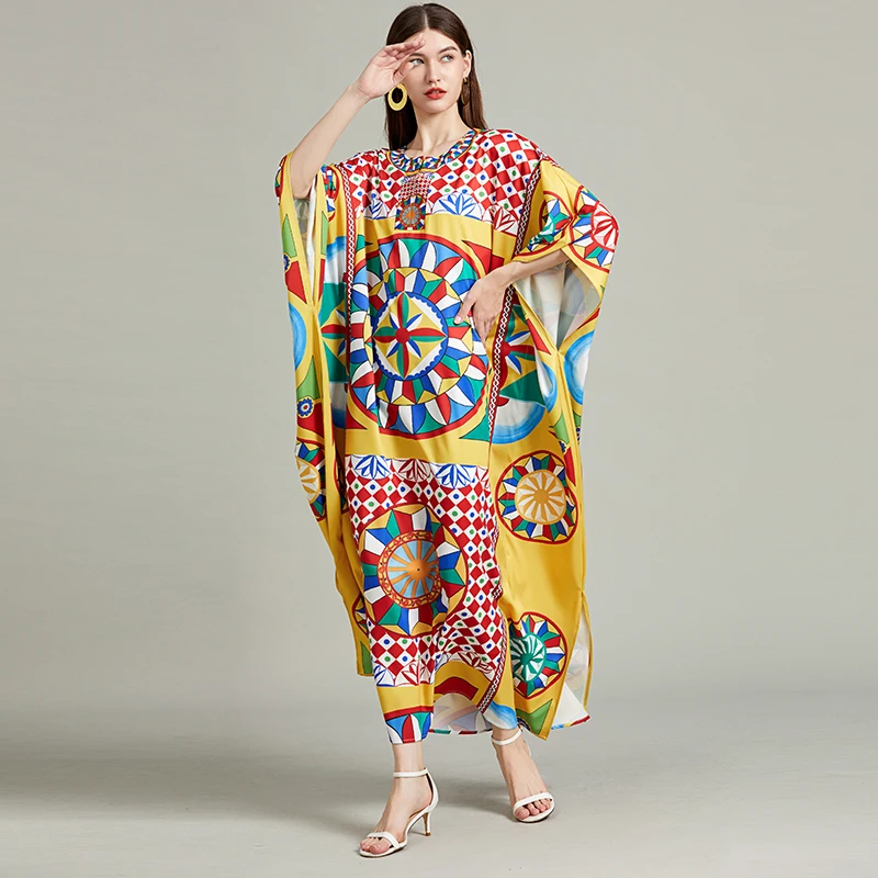 

2024 Summer Fashion Colorblock Plaid Print Long Loose Robe Clothing Women's Batwing Sleeve Retro Oversized Side Split Maxi Dress