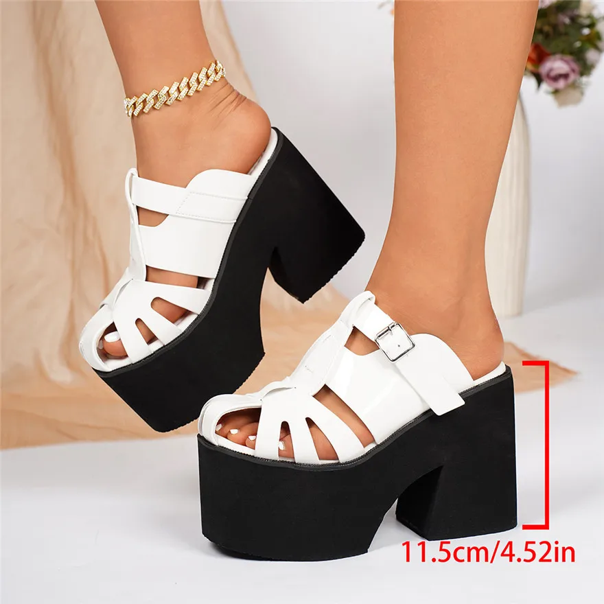 Women Fashion Thick Sole Buckle Flip Flops Patent Leather Hollow Baotou Casual Shoes High Heels Female Platform Outdoor Slippers view 6