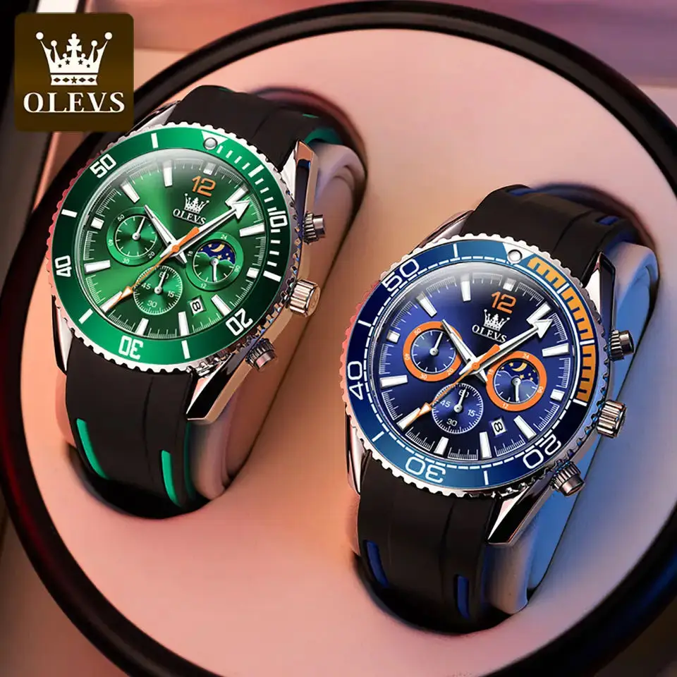 OLEVS Quartz Watch for Men Fashion Silicone Strap Moon Phase Chronograph Big Dial Waterproof HD Luminous Men\'s Wristwatch Reloj