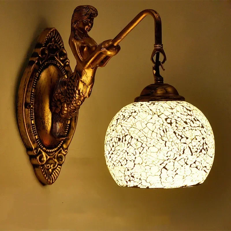 

Nordic Turkish Mosaic Decoration Lamps Handmade Stained Glass Retro Mermaid Fairy Sconces Antique Wall Lights for Home Lighting