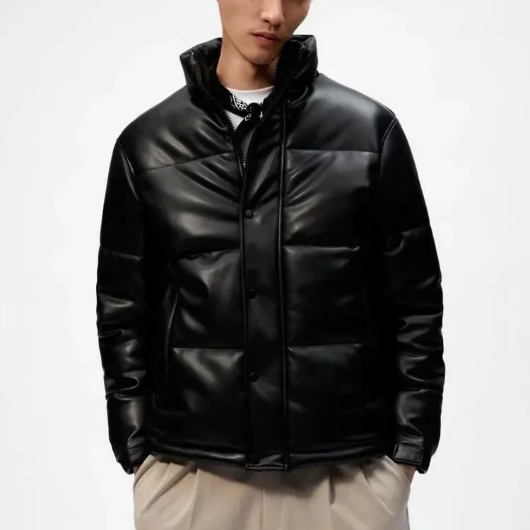 LIBIELIY Men's Winter Fashion Solid Color Simple Stand-up Collar Zipper Cotton-padded Clothes, Cotton Clamping Imitation Leathe
