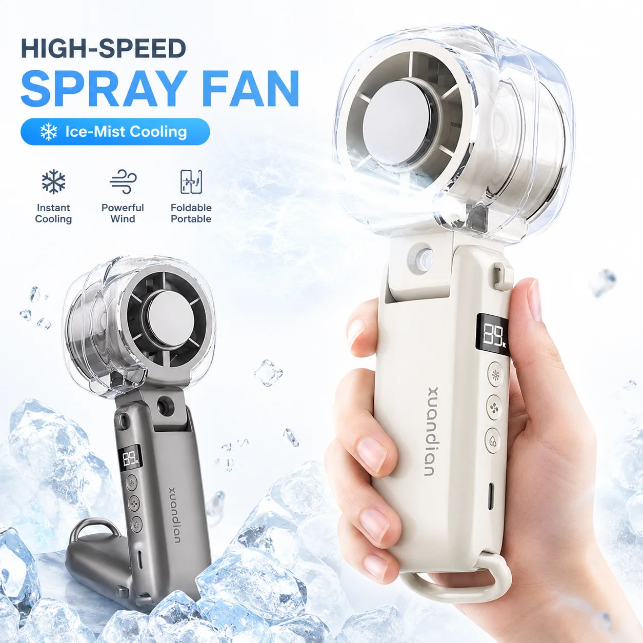 High Speed Mist Handheld Fan 3000mAh Rechargeable 199 Speed Digital Display Ice Cooling Foldable for Travel Office Outdoor Use