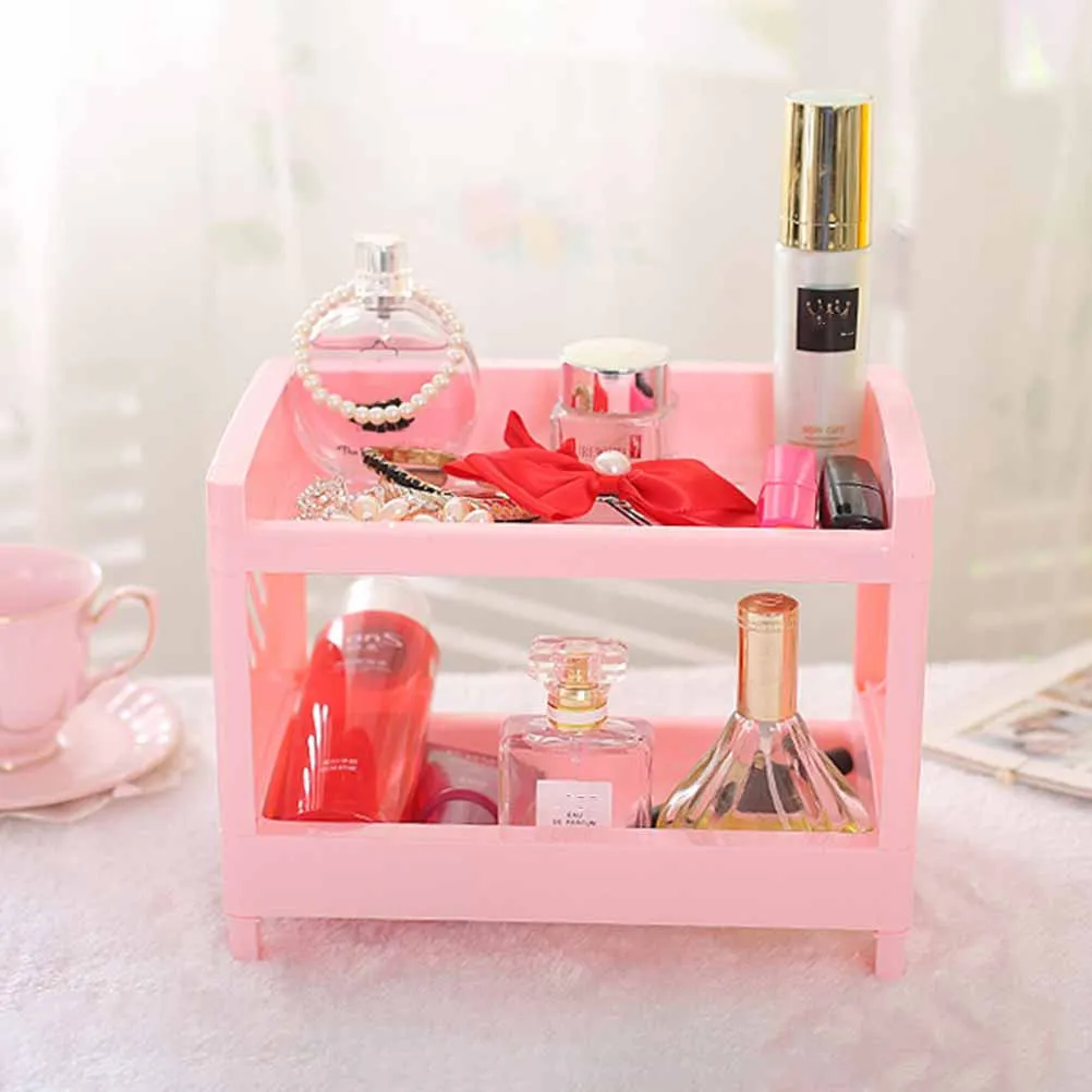 

Double Layers Kitchen Storage Rack Pink Plastic Shelf Holder for Countertop Organizing Seasoning Cosmetics Dishwashing Supplies