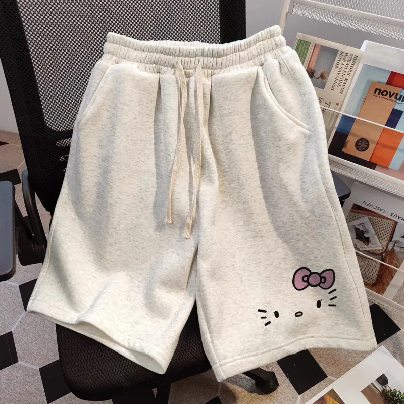 Miniso Hellokitty Plus Size Casual Shorts Girl Drawstring Sports Sweat Short Pants Kitty Print Harajuku Short Y2k Women Clothing