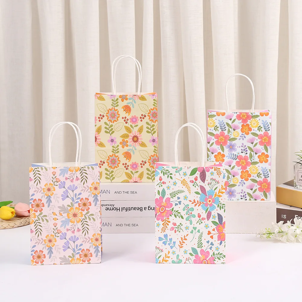 4Pcs Colorful Flowers Theme Paper Gift Packaging Bag Plants Baking Candy Bag for Birthday Baby Shower Wedding Party Decoration