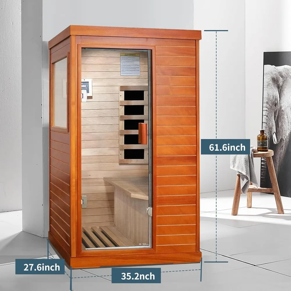 Sauna 1 Person Wood Sauna Okoume 800W/110V Low Emf Dry Sauna with Tempered Glass Door/Speakers/Air Hole and LED Lighting