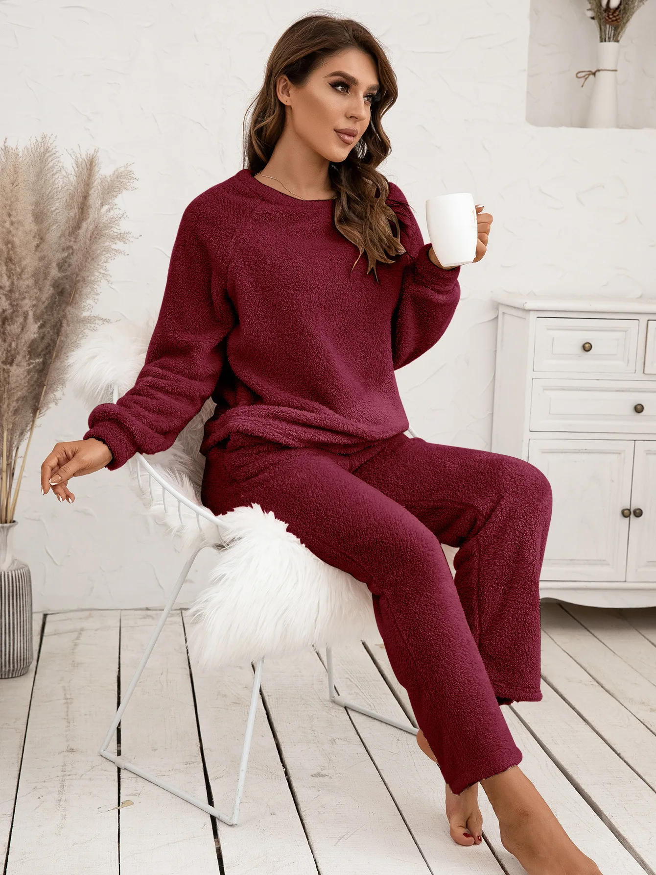 Women Winter Homewear 2 Piece Set Casual Plush Pajamas Sets Fashion Solid Color Long Sleeve Tops And Trousers Fall Home Clothes