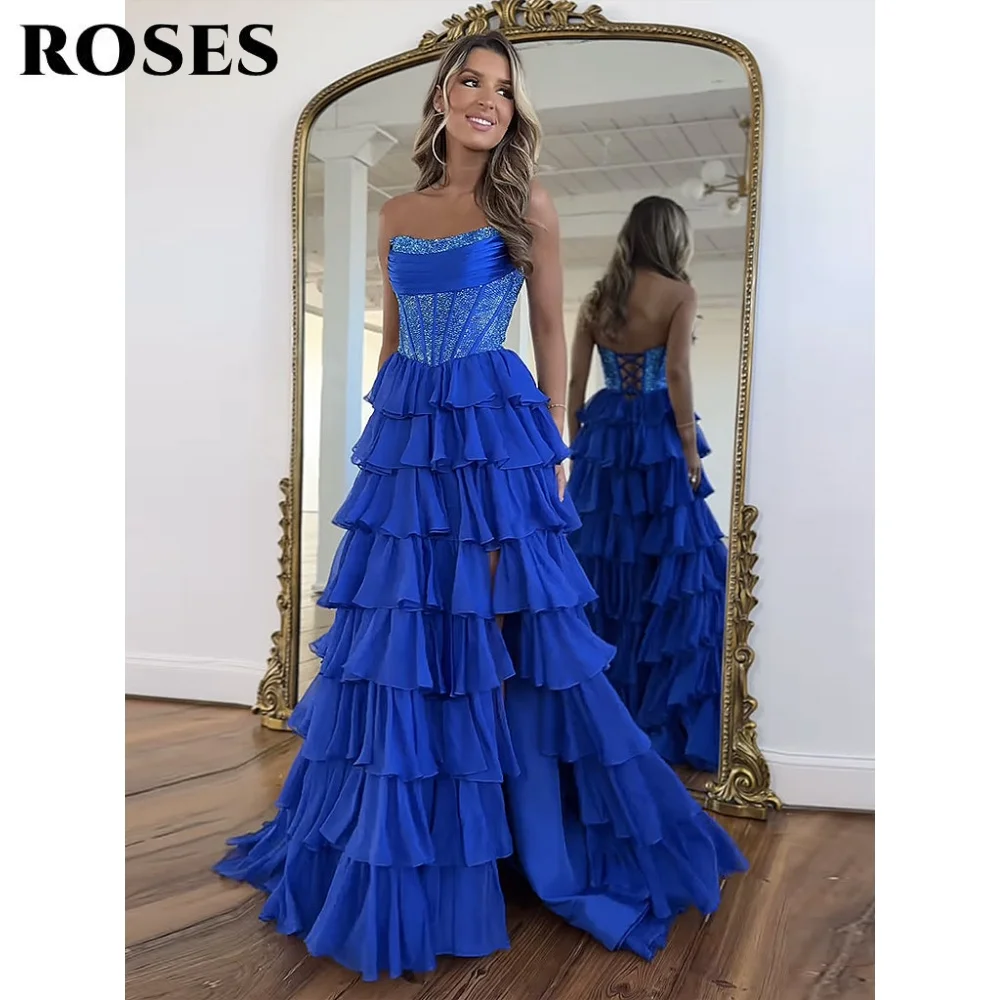 فساتين لحضور الحفلات الموسيقية بدون حمالات على شكل حرف a باللون الأزرق الملكي مع ترتر بدون أكمام فساتين سهرة بطيات متدرجة فستان حفلات مخصص #1