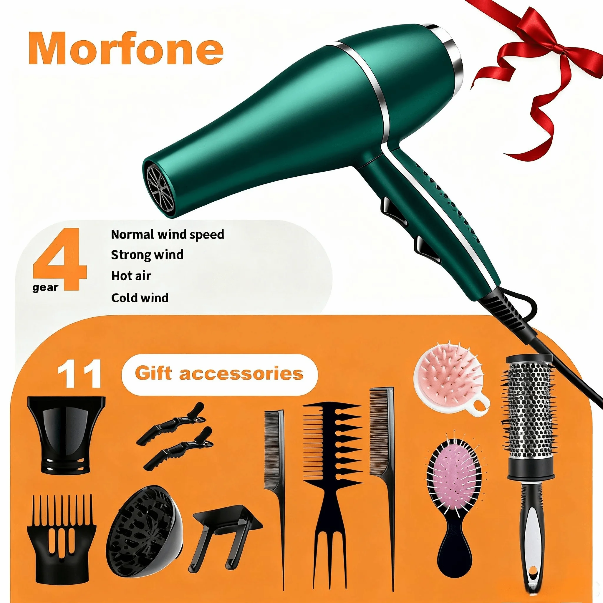 12PC Professional Hair Dryer Fast Drying Salon Blow Dryer With Diffuser, Comb, Nozzle, Concentrator, For Curly And Straight Hair, 2 Speed & 2 Heat Setting, Cool Button
