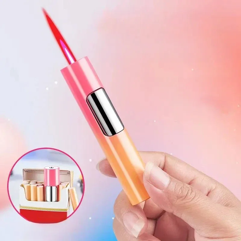 Mini Pink Flame Lighter Cute Metal Windproof Luminous Direct Injection Cigar Inflatable Portable Lighter for  Women Smoking Gift