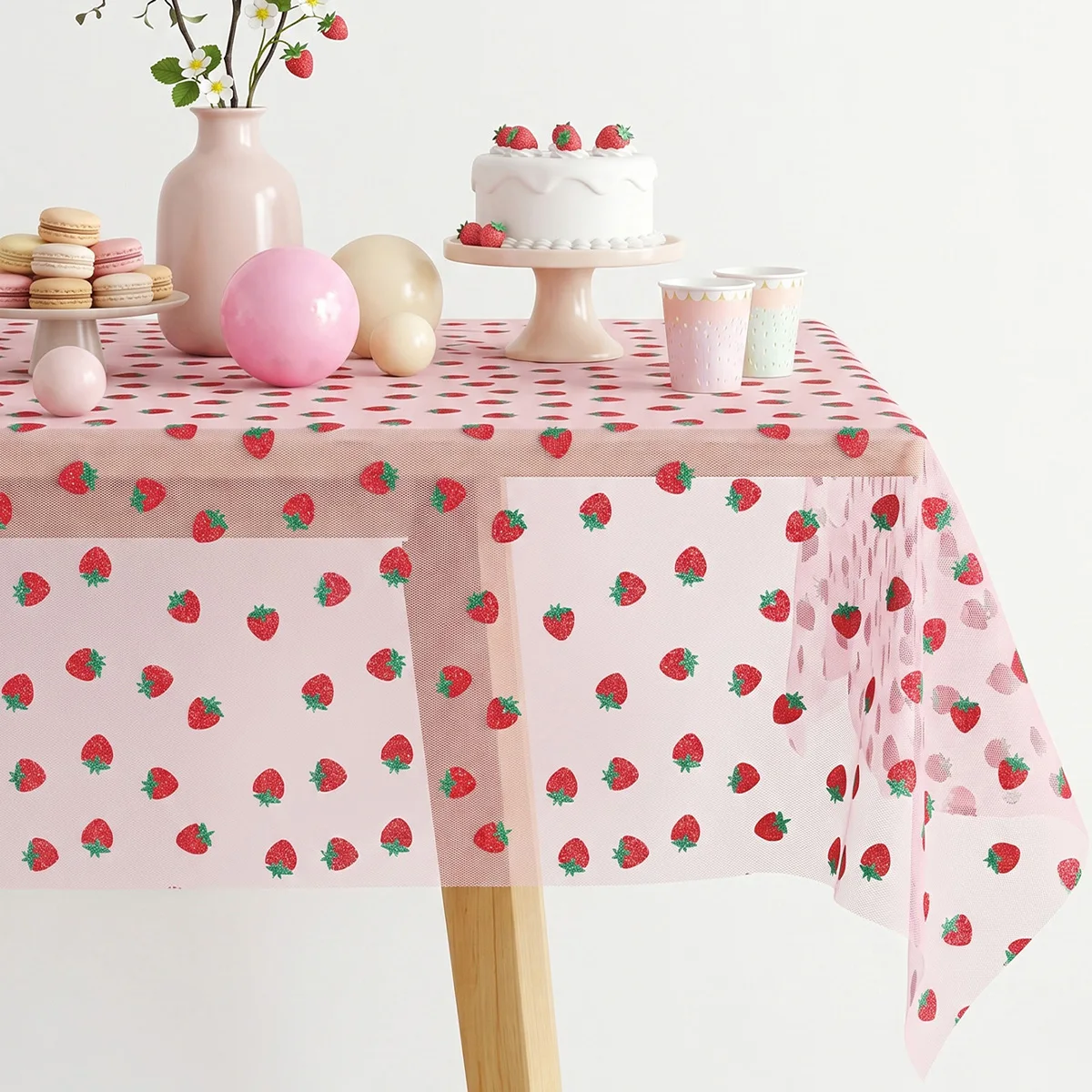 Strawberry Themed Sheer Tulle Tablecloth Birthday Party Decorations Wedding Gauze Dining Table Cover Baby Shower Party Supplies