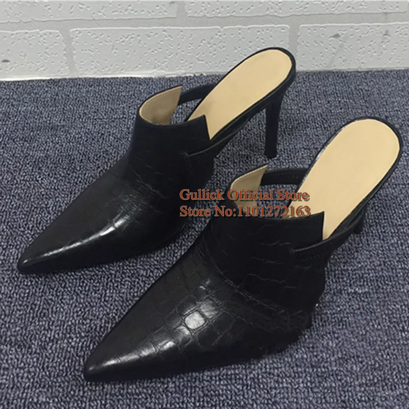 Sexy Snakeskin Printed Leather Pointed Toe High Heel Mules Shoes White Black Slip On Cover Heels Female Dress Shoes