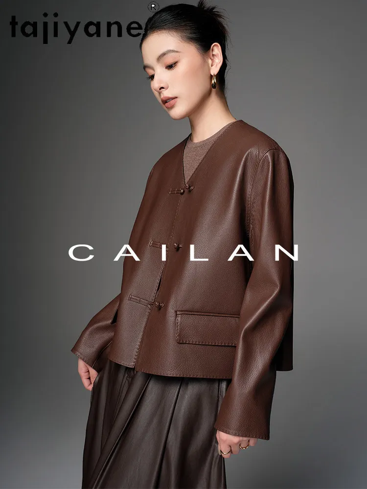 TAJIYANE 本物の山羊革レザージャケット女性ショート V ネックコートボタン付き本革ジャケット 2026 秋の女性服 дубленка