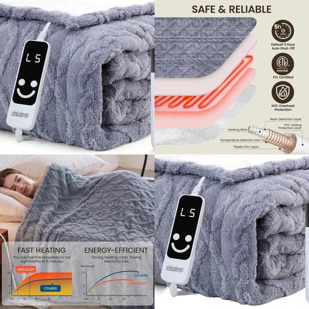 

62x84 Electric Sherpa Throw Blanket with 5 Heat Levels, 1-12 Hour Auto-Off, Overheating Protection, Machine Washable - Light Gre