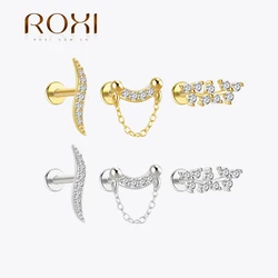 ROXI 925 Sterling Silver 18K Gold Plate 1PC Geometric Zircon Piercing Earrings For Women Tassel Chain Stud Earrings Jewelry