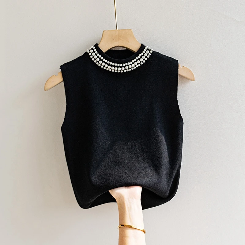 Strap Vest Sweater Elegant Women's Spring Autumn Beaded Half High Collar Basic Knitted Female Top Fashion Sleeveless Top