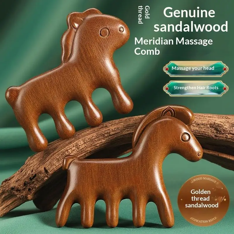 Animal Shape Sandalwood Hair Comb Scalp Relax Acupoint Massager Portable Wooden Handle Five Teeth Comb Anti-Static Styling Tool