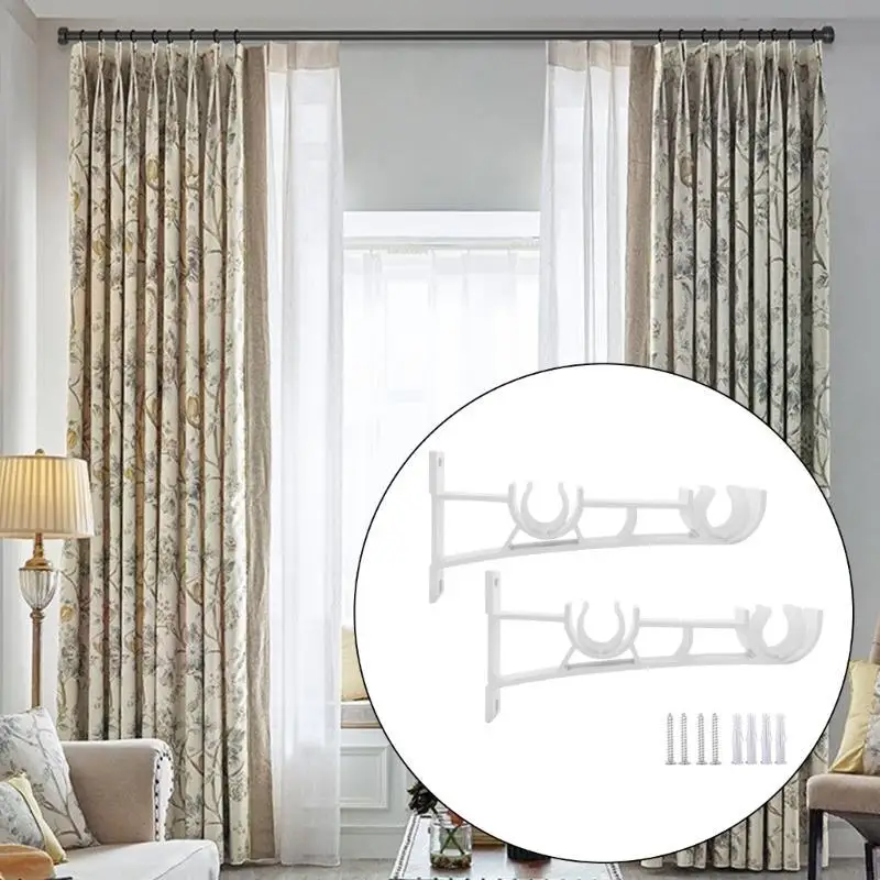 H8WB 8 Pack Double Curtain Poles Holder White Metal Drapery Rod Support Wall Brackets with Screws for Living Room and Bedroom