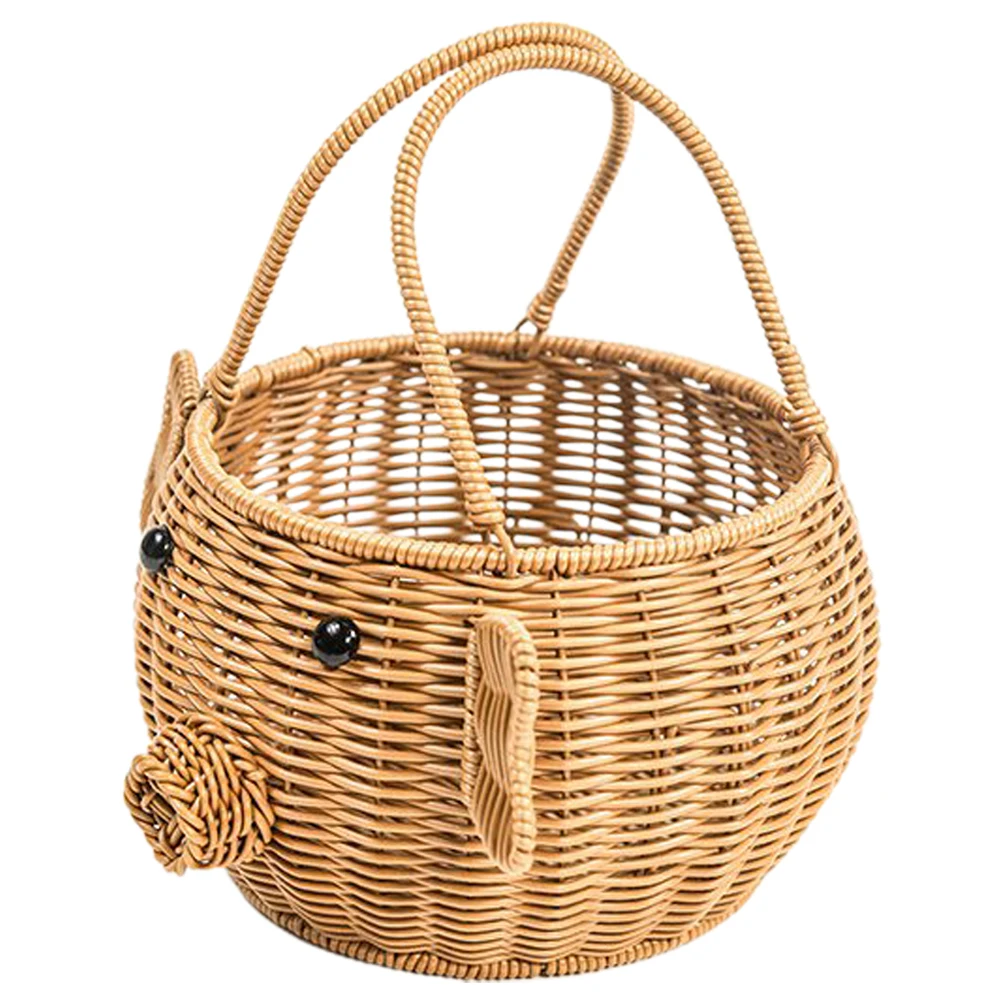 

H Woven Storage Basket Fruits Container Cartoon Pig Portable Vegetable Shop Baskets Multi functional Lightweight