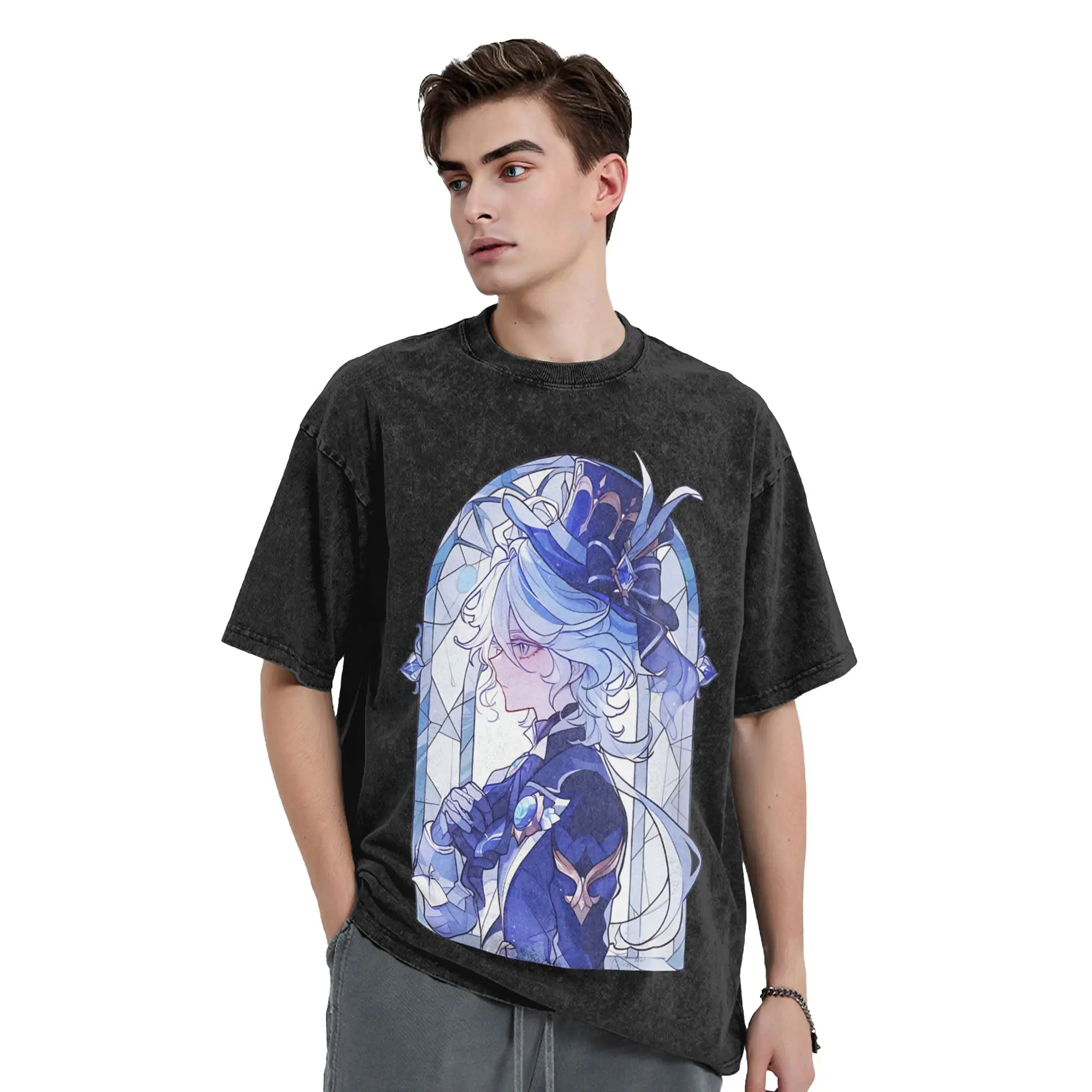 Washed T Shirts Stained Glass Furina Hip Hop Vintage T-Shirts Oversize Genshin Impact Game Cotton Printed Tees for Men Women