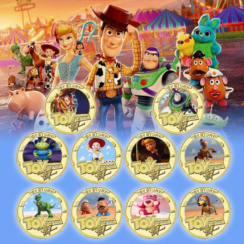 

12 шт./компл., памятная монета «История игрушек Диснея», мультфильм, аниме Базз Лайтер, Вуди, клубничный медведь, креативные периферийные устройства, подарки для детей