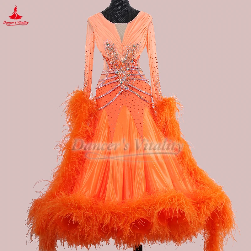 

Взрослые бальные танцы с длинными рукавами AB Stones Профессиональные платья Женский вальс Фокстрот Quickstep Одежда для выступлений на заказ