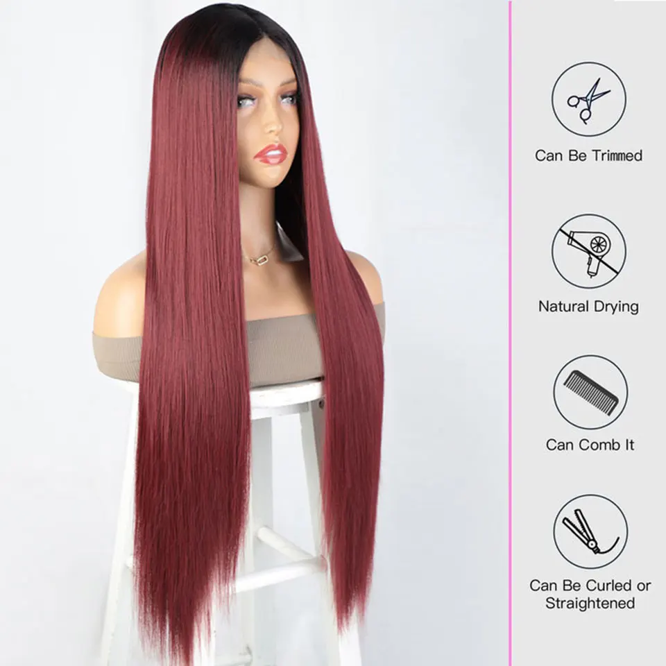 Synthetic Wig  Cosplay Daily Natural Use Hair Heat Resistant Wigs For Women Middle Part Cosplay Glueless Wig Wine Red Wigs Hair