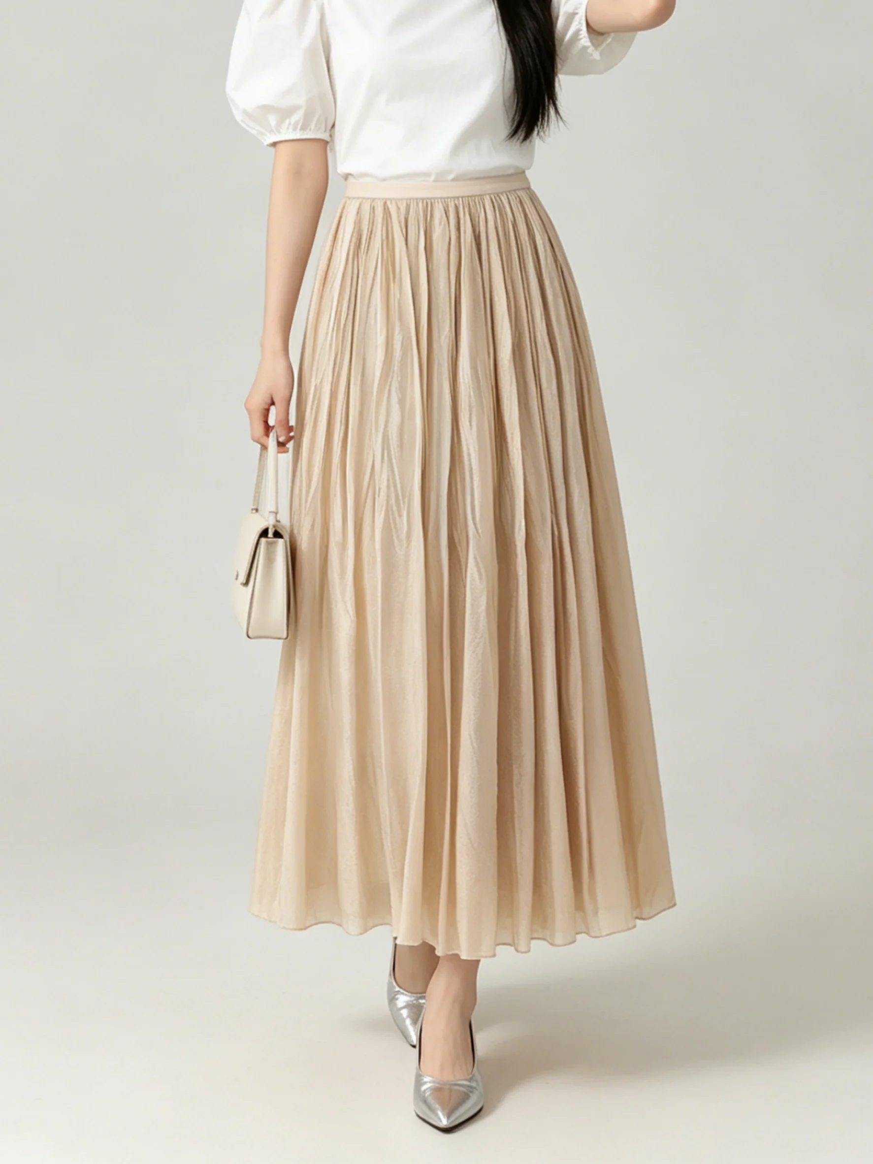 Slimming High Waist Midi Skirt Korean Style Simple Gentle Pleated Versatile Summer Half Body Skirt Breathable Skin-Friendly