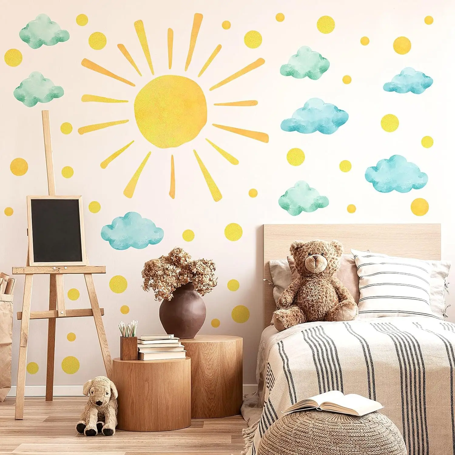 ขายร้อนดวงอาทิตย์เมฆการ์ตูนสติ๊กเกอร์ติดผนังสีน้ําเด็กห้องนอนสติ๊กเกอร์ตกแต่ง PVC Self-Adhesive