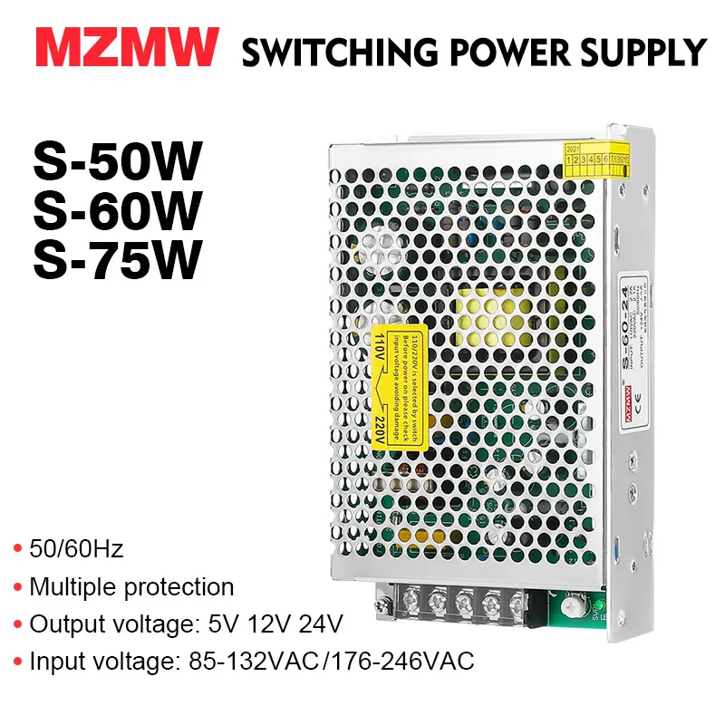 MZMW 50W 60W 75W Switching Power Supply 5V 12V 24V AC/DC 110V 220v Ultra-thin Transformer Power LED Adapter SMPS