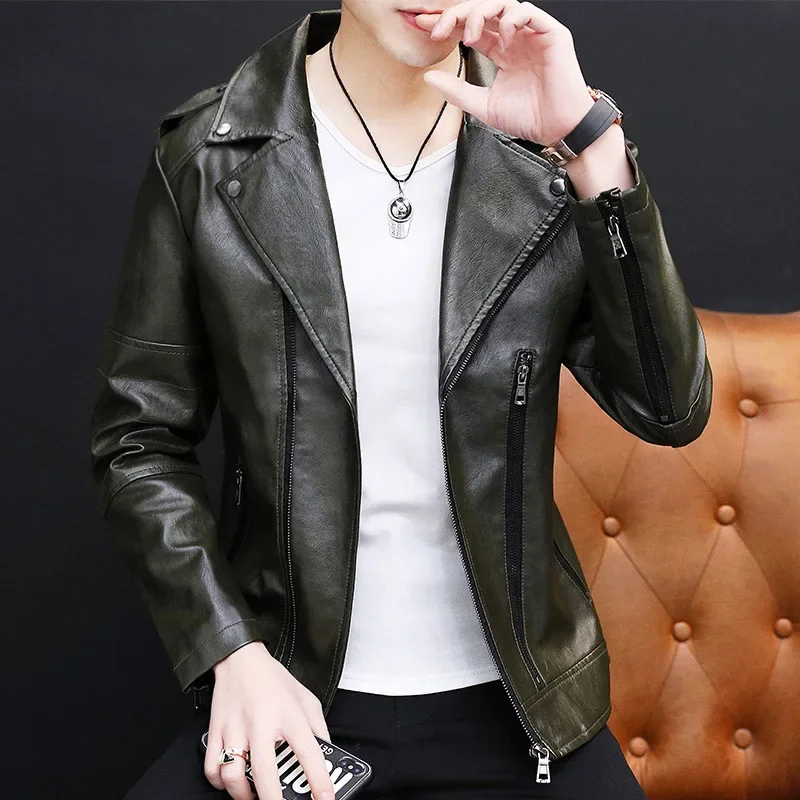 Hoo 2024 Men's Lapel PU Leather Coat Youth Oblique Zipper New Slim Fit Handsome Trendy Motorcycle Leather Coat