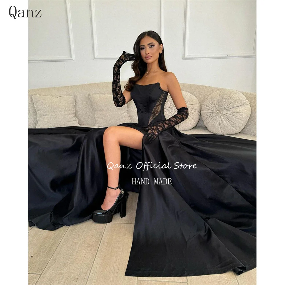 

Qanz Elegant Black Satin Evening Dresses High Slit Strpless Lace Up Back Vestido De Festa Long Women Party Gowns Customized