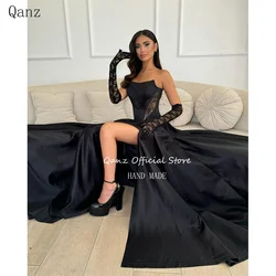 Qanz Elegant Black Satin Evening Dresses High Slit Strpless Lace Up Back Vestido De Festa Long Women Party Gowns Customized