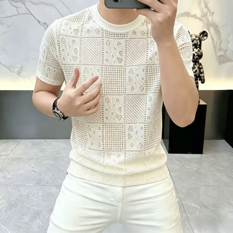 Summer Jacquard Hollow Round Neck T-shirt for Men Short Sleeve Knitted Casual Tshirts Perspective Social Street Wear Tee Tops