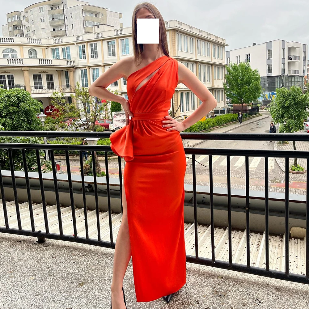 

Simple Straight Red Ankle Length Evening Dress Modern One Shoulder Jersey Sleeveless Pleats Saudi Arabia Celebrity Gowns 2024