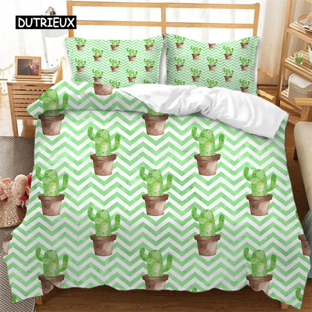 Cactus Plant Floral Duvet Cover King Microfiber Pastoral Blossom Flower on Wave Background Bedding Set Comforter Cover Bedroom