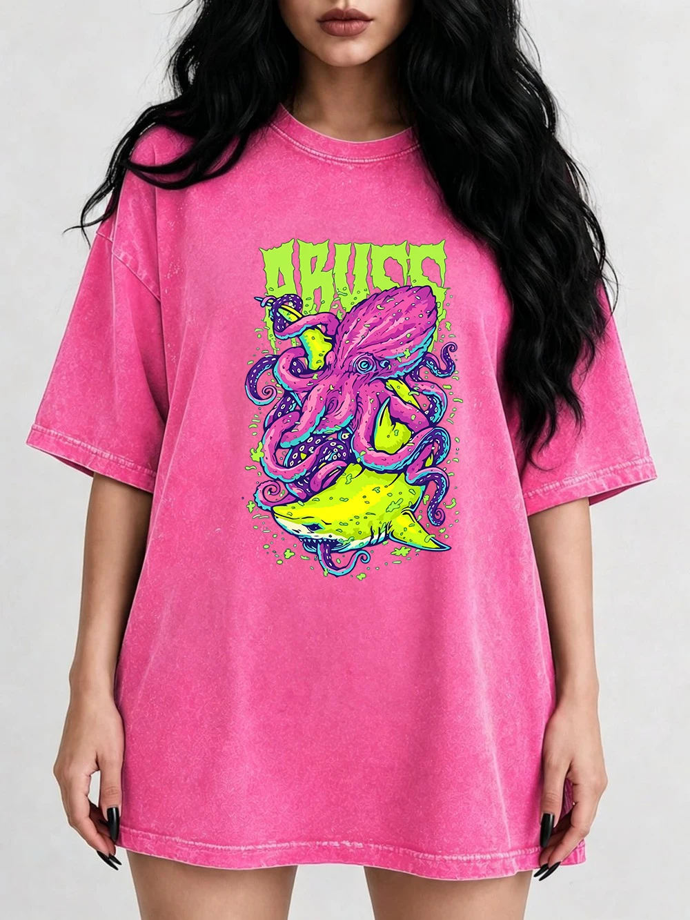 Abuzz Purple Squid Cotton Washed T-Shirts Womens Summer Oversized Tops Comfortable Distressed O-Neck T Shirt Basic Woman Clothes