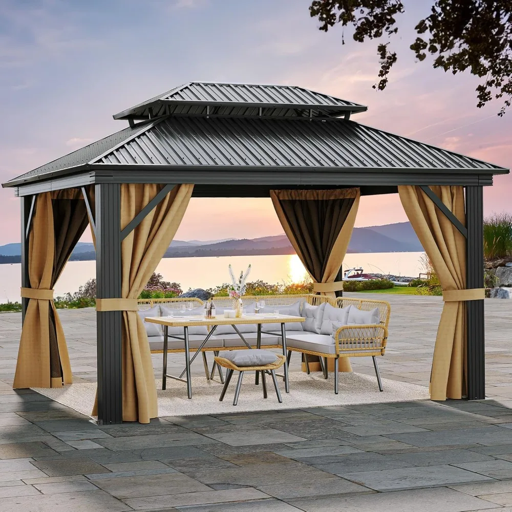 

12x14ft Gazebo Hardtop Double Roof Outdoor Heavy Duty w/Nettings and Curtains, Upgraded Aluminum Canopy Column Galvanized