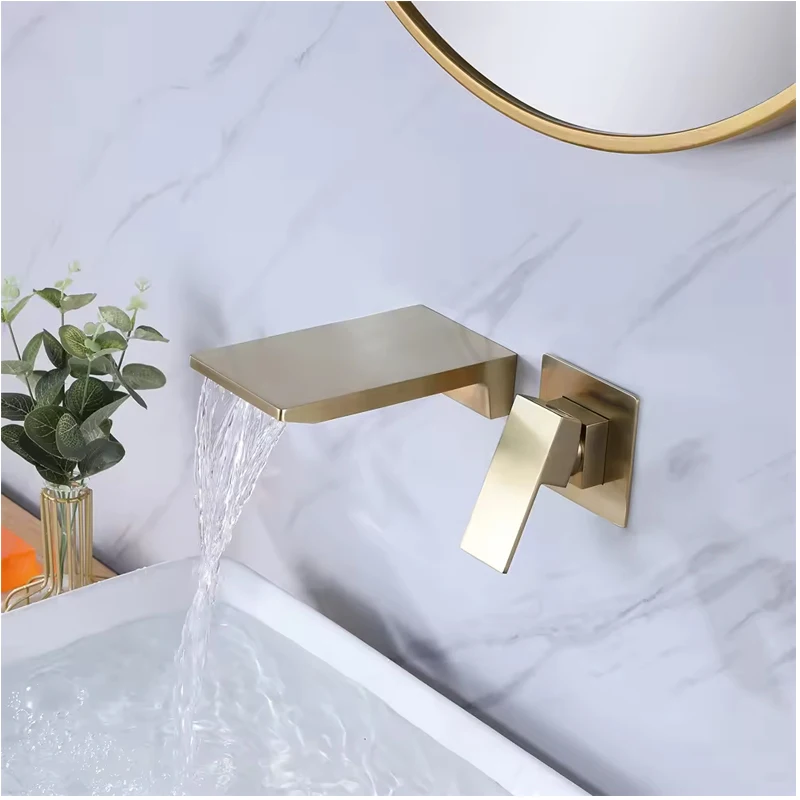 

Square Handle Bathroom Sink Mixer Taps Hot and Cold Brushed Gold Water Tap Brass Material Basin Faucet