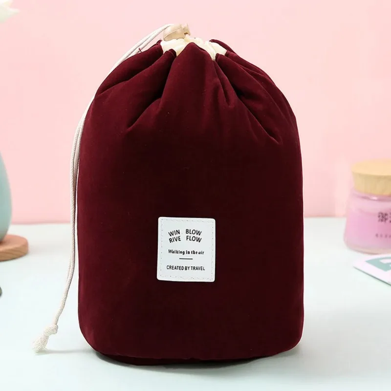 New Fashion Velvet Cylinder Drawstring Convenient Solid Color Makeup Bag Female Waterproof Cylindrical Makeup Bag Toiletry Pouch