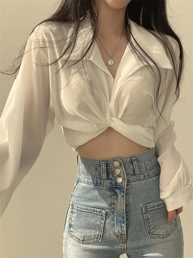 Women Sexy Slim Thin Blouse Korean Chic Casual Crop Shirt Tops Female Summer Back Lace-up Bow Design Long Sleeve Short Shirt