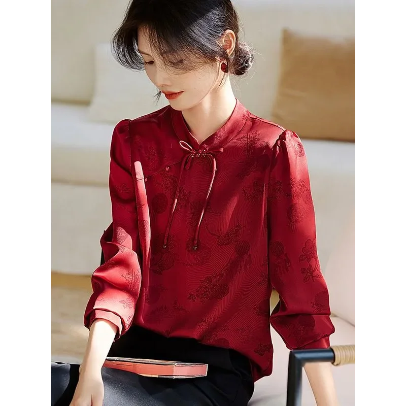 

Women New Chinese Style Jacquard Red Blouse Elegant Cheongsam Collar Bow Tie Long Sleeve Shirt