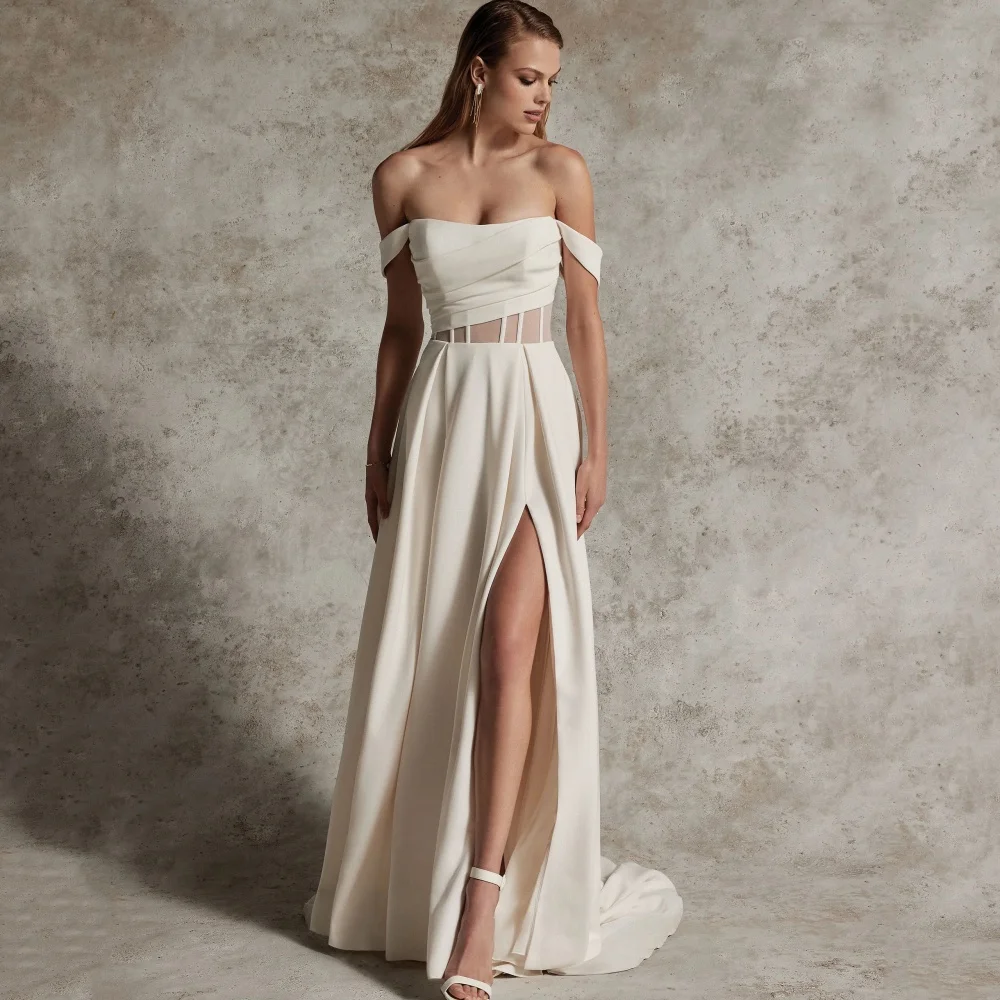 

Strapless Wedding Dresses Customized A Line Off Shoulder Elegant Split Bride Dress Button Bridal Gowns New Vestido De Novia