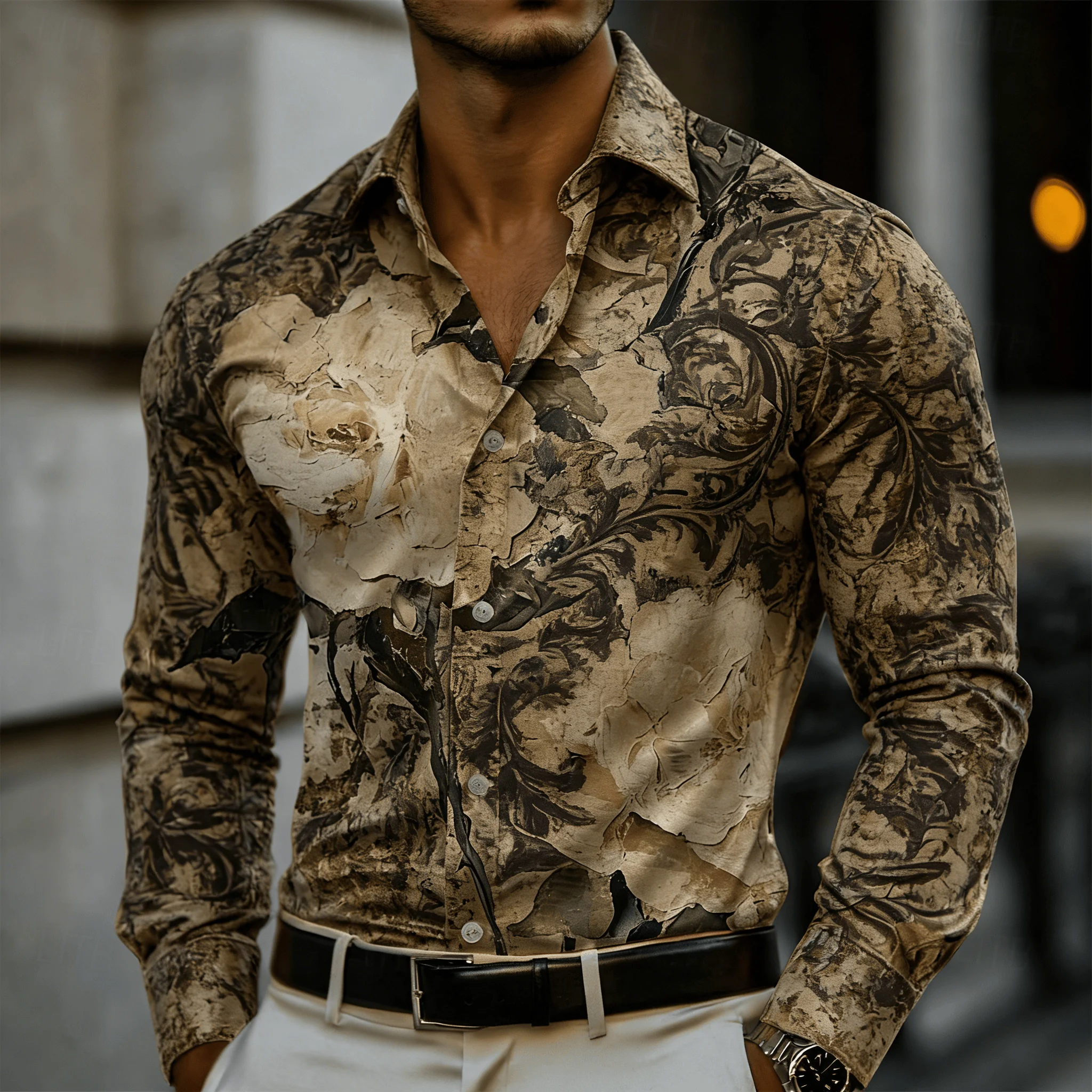 

Men's Vintage Baroque Floral Print Lapel Shirt, Spring Summer Retro Chic Top, Aged Texture Design