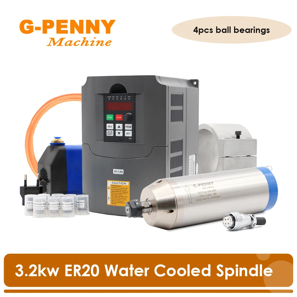 

G-Penny 3.2kw ER20 Water cooled spindle motor kit 220v/380v bullet type and 4kw HY Motor speed controller and 100mm bracket